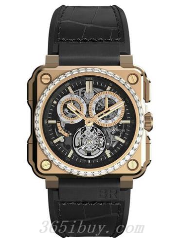 柏莱士男表AVIATION系列鳄鱼皮/灰色蓝宝石水晶玻璃表盘BR_X1_CHRONOGRAPH_TOURBILLON_ROSE_GOLD