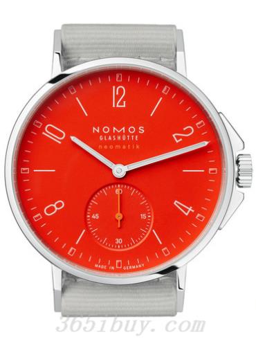 NOMOS男表AHOI系列浅灰色织物表带，防水/红色表盘563