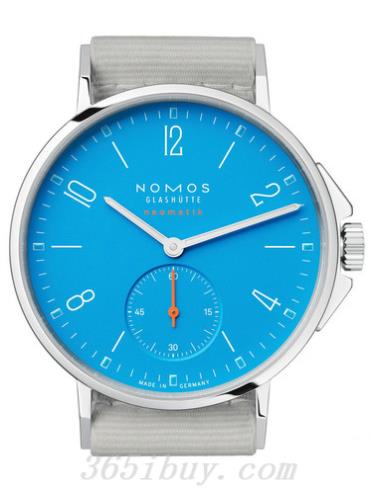 NOMOS男表AHOI系列浅灰色织物表带，防水/蓝色表盘562