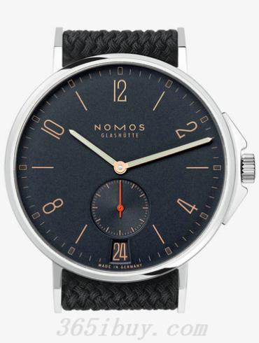 NOMOS男表AHOI系列蓝黑色织物表带，防水/黑色表盘553